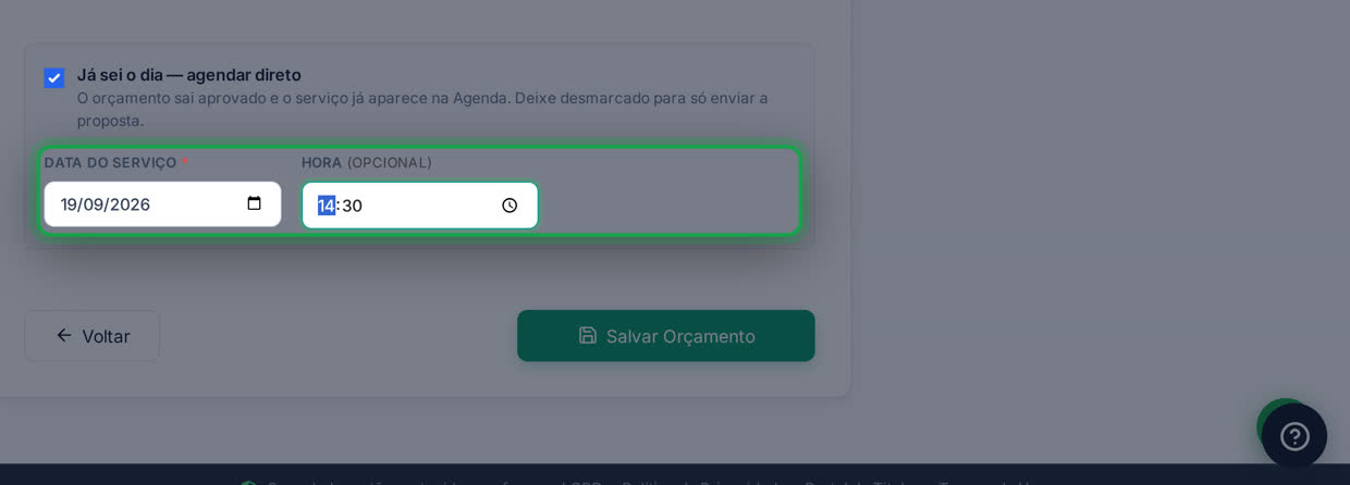 Na última etapa, marque “Já sei o dia — agendar direto” e informe a data. A hora é opcional.