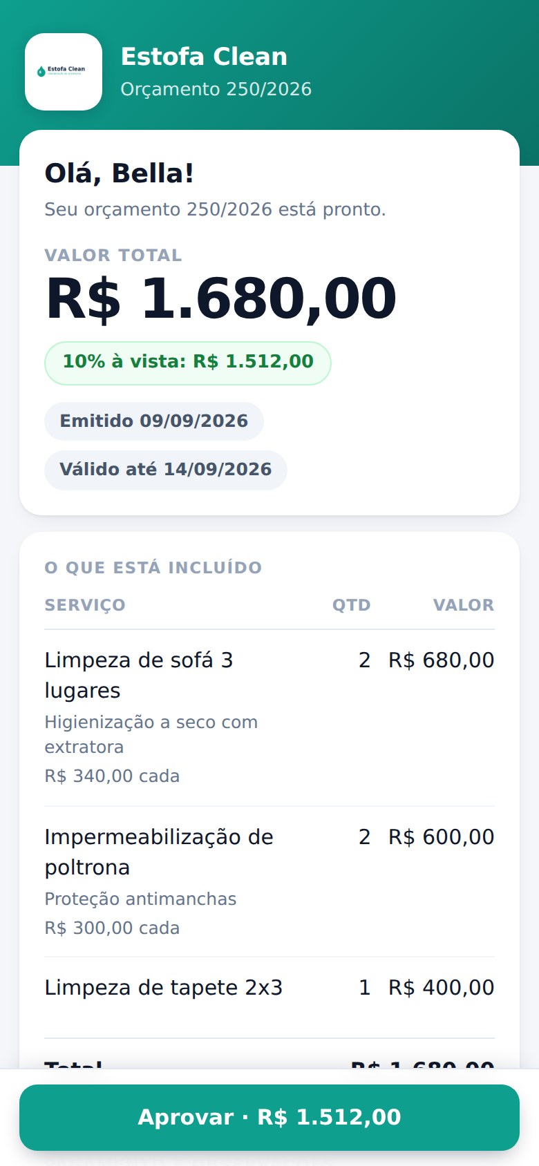 O cliente abre o link no celular dele, sem instalar nada e sem senha. Ele vê o valor
      logo no começo, o preço à vista, o que está incluído, as condições de pagamento e até quando
      a proposta vale. Tudo com o nome e a cor da sua empresa.