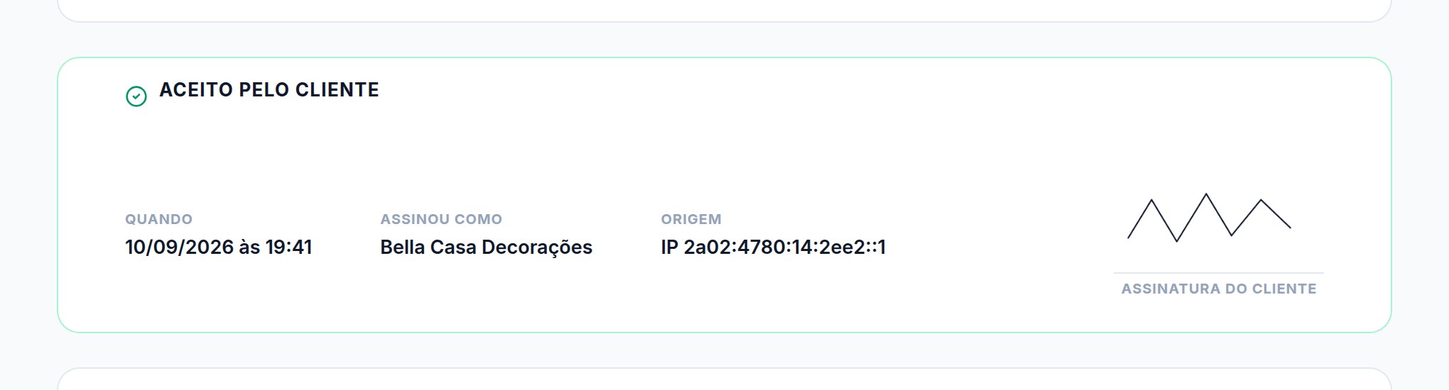 Do seu lado, o aviso chega na hora — sino, notificação no celular, e-mail, e WhatsApp
      pra quem tem esse alerta ligado. No orçamento fica registrado quem aprovou, quando e a
      assinatura, se houver. Ela também entra no PDF, no lugar daquele quadro de imprimir e
      assinar no papel.