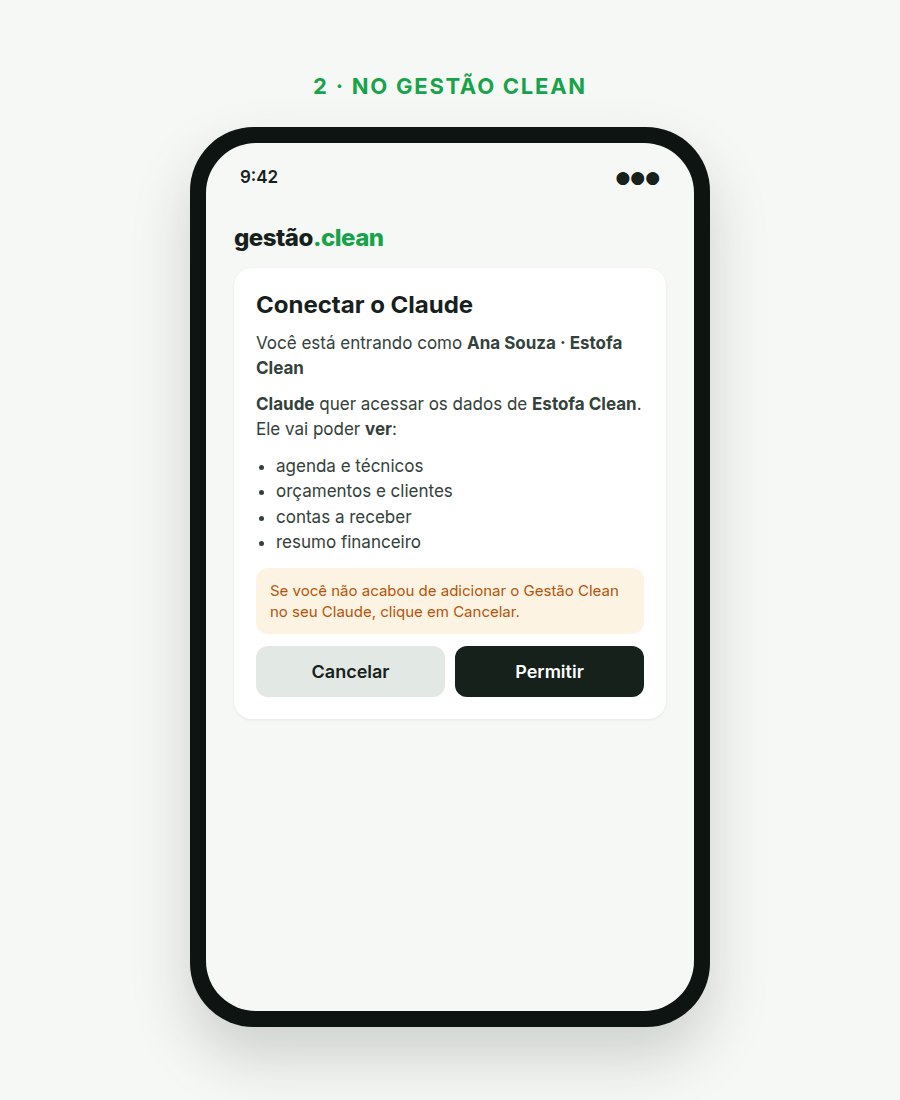 Abre a tela do Gestão Clean. Entre com o seu login de sempre, confira o seu nome no topo e toque em Permitir.