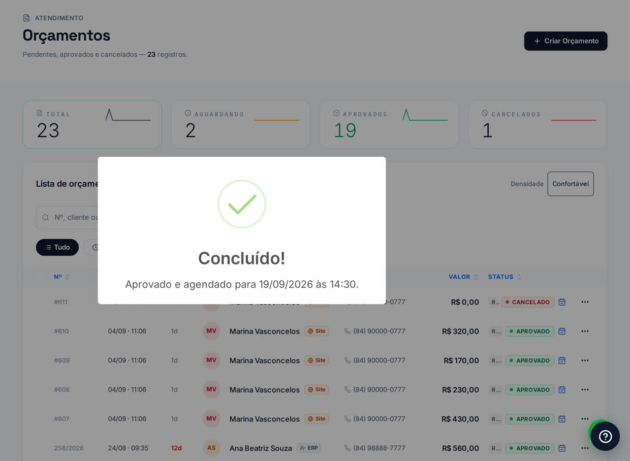 Clique em Confirmar. O sistema devolve o dia e a hora que ficaram gravados.