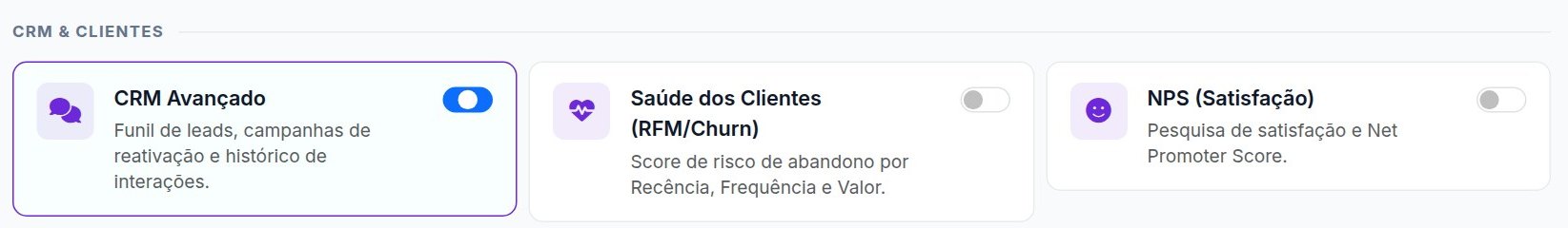 Primeiro, ligue o recurso: menu Configurações → Funcionalidades, no bloco
      CRM &amp; Clientes, ative CRM Avançado e clique em Salvar Configurações.
      É uma vez só.