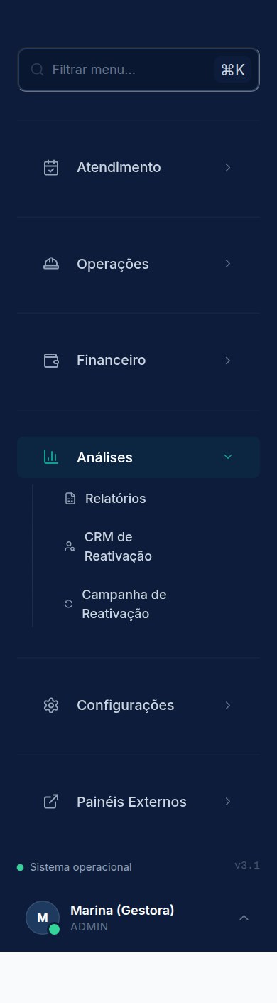 No menu, abra Análises e entre em Campanha de Reativação. (O CRM de
      Reativação, logo acima, é a mesma lista separada por faixa de tempo — dá pra trocar entre
      as duas pelo botão no topo da tela.)