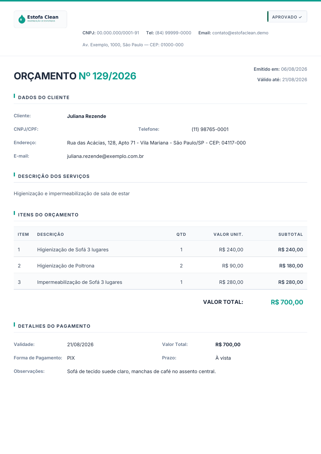 PDF de orçamento gerado pelo Gestão Clean, com a marca da empresa e código PIX