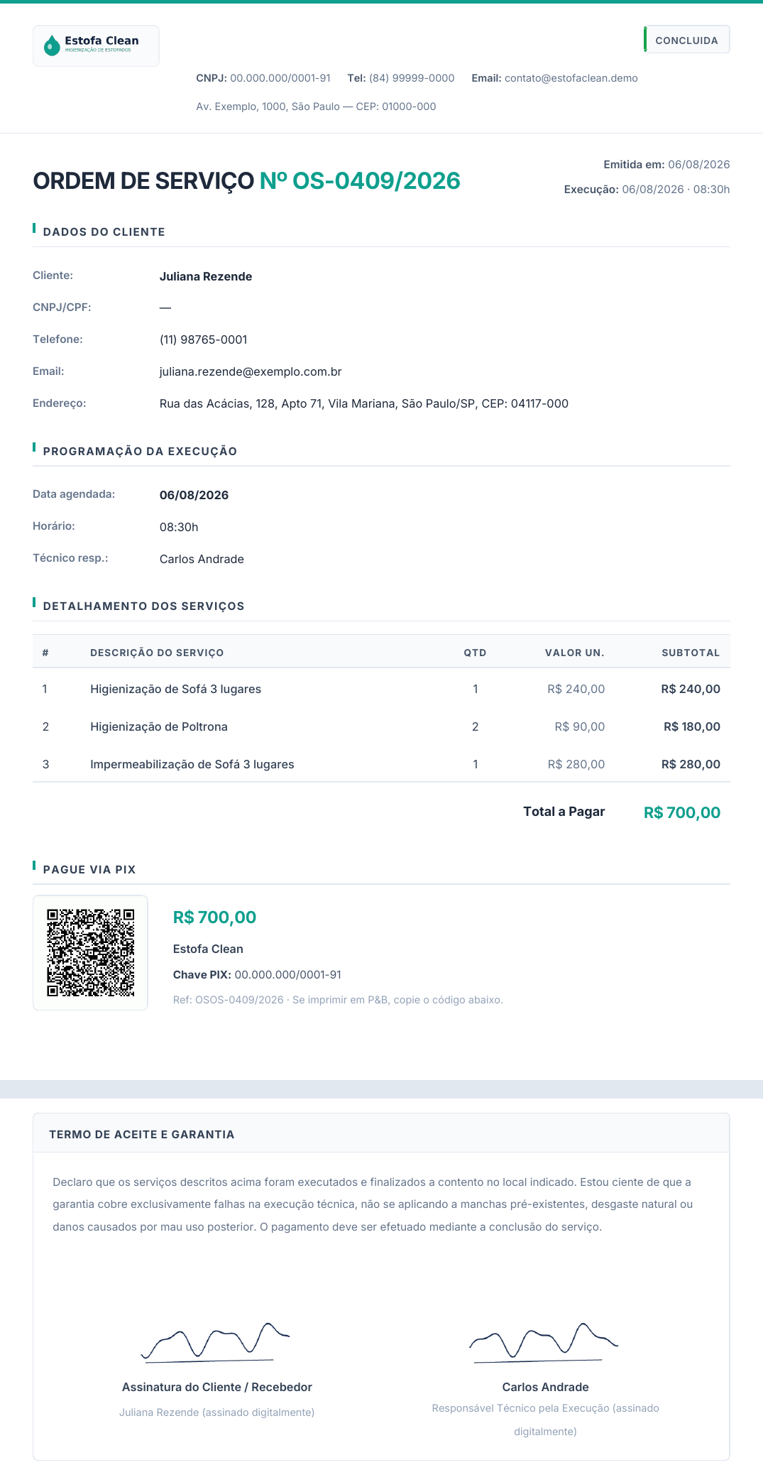 PDF de ordem de serviço do Gestão Clean, com assinatura do cliente e termo de garantia