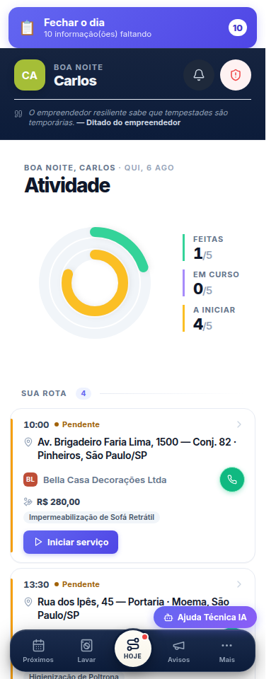 App do técnico do Gestão Clean no celular — rota do dia com endereço e status de cada serviço