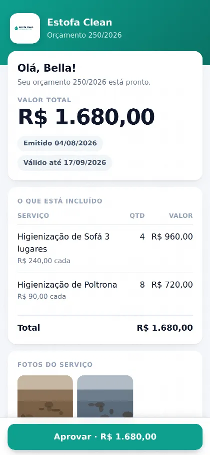 Orçamento aberto no celular do cliente, com a marca da empresa e o valor total