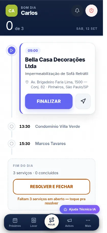 App do técnico com o serviço do dia, endereço e botão de finalizar